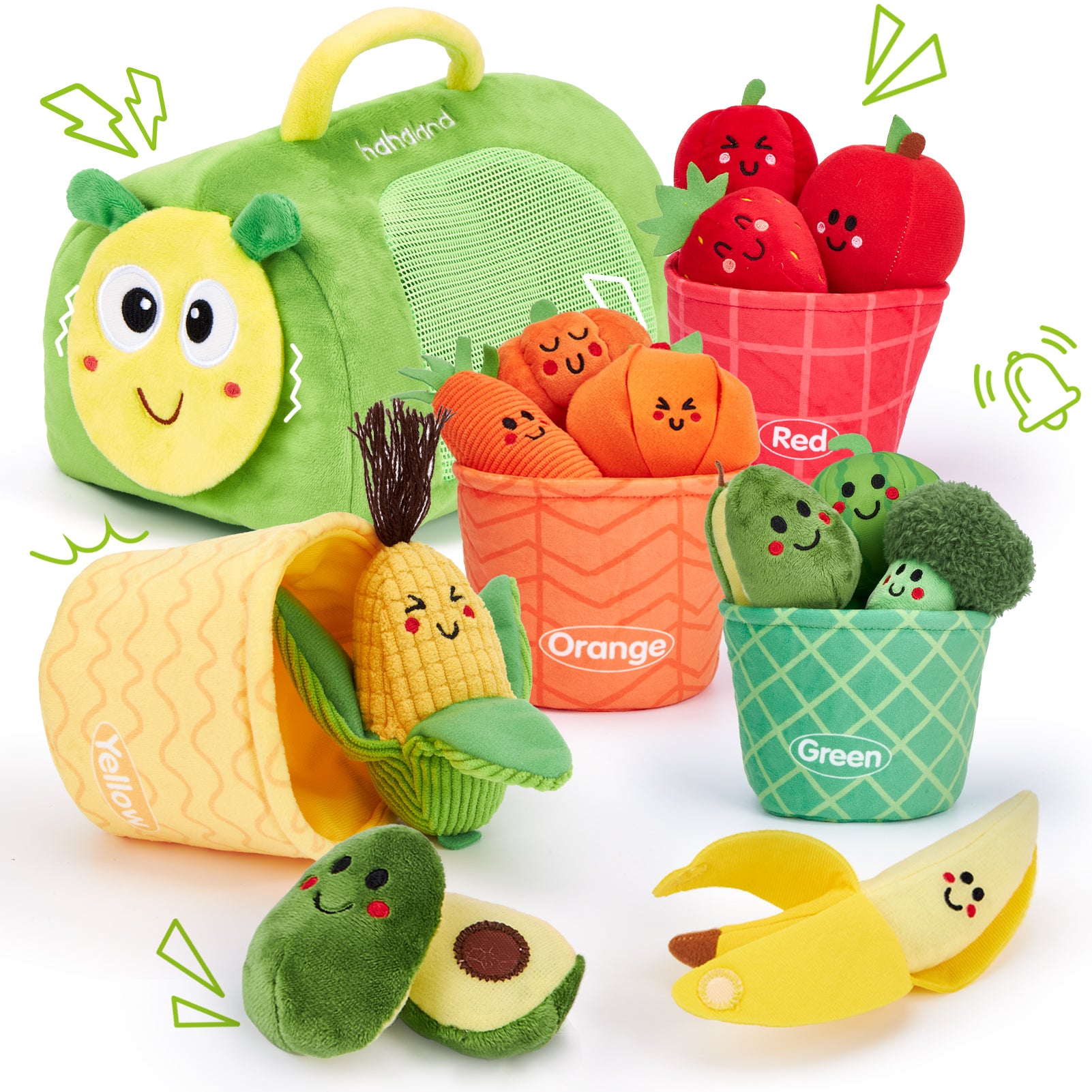 hahaland Jouet Sensoriel Bébé 6-12 Mois – Fruits & Légumes en Peluche Montessori avec Panier Éveil, Tissus Doux sans BPA, Cadeau Éducatif pour Bébé 9 Mois 1 an, Garçon Fille