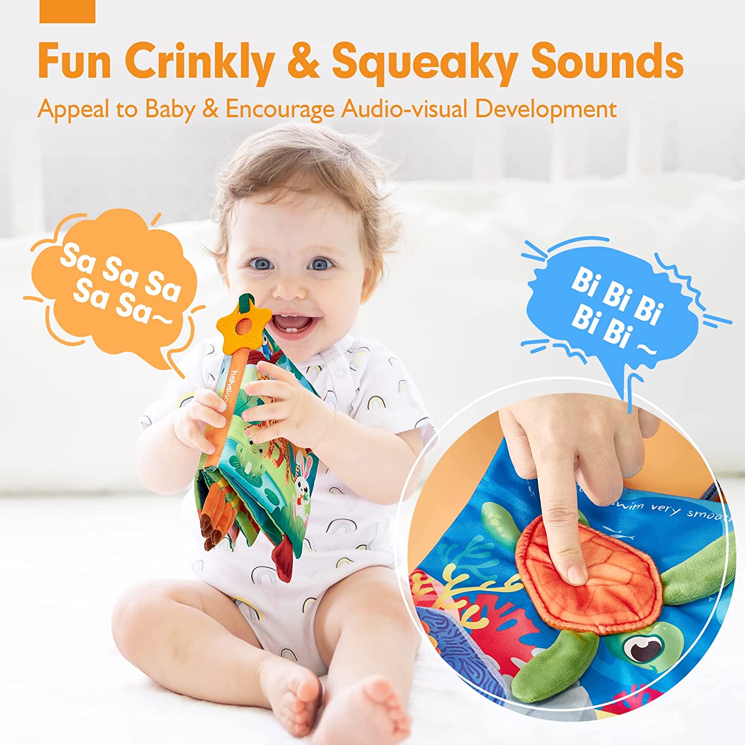 Hahaland Baby Crinkle Books Set Of 2 - Soft Cloth Sensory Books With Textures For Infants 0-12 Months (Farm & Dino Themes)